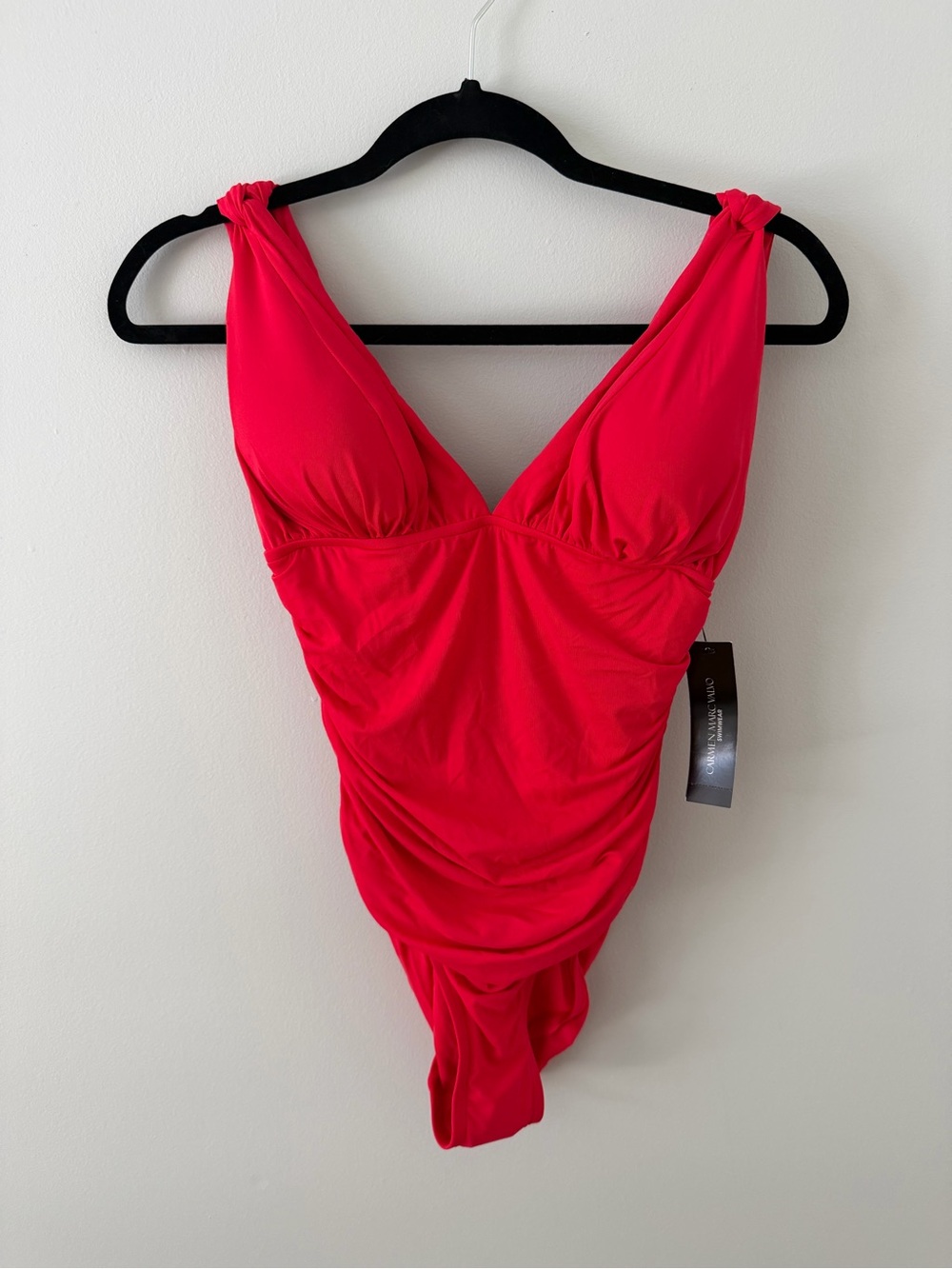 Carmen Marc Valvo Bright Red V-Neck One-Piece Swimsuit